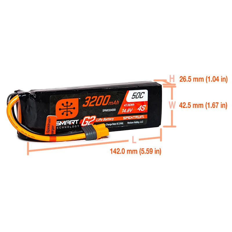 Spektrum 14.8V 3200mAh 4S 50C Smart G2 LiPo Battery: IC3 2 Spektrum 14.8V 3200mAh 4S 50C Smart G2 LiPo Battery: IC3 - Image 2